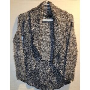 Sioni Cascading Open Front Cardigan Sweater Black White Wool Blend Womens Medium